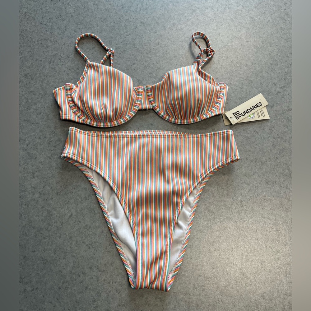 No Boundaries Ribbed Striped Bikini Set Underwire Top High Cut Bottoms—M/L*